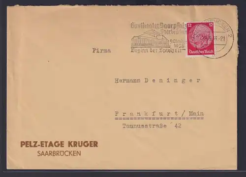 Deutsches Reich Brief Stempel Gautheater Saarpfalz ab Saarbrücken n Frankfurt