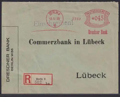 Deutsches Reich R Biref AFS Absenderfreistempel Berlin n Lübeck m. Siegelmarke