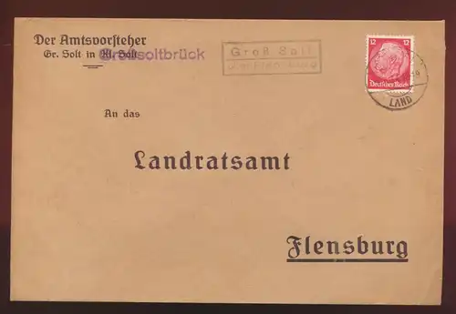 Landpoststempel Groß Solt über Flensburg Schleswig Holstein Deutsches Reich EF