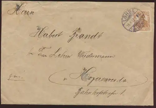 Reich Brief Germania EF 100 a von Lohsa nach Hoyerswerda 16.4.1917