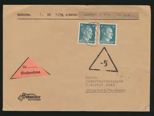 Deutsches Reich Brief 790 auf Nachnahme Reutlingen nach Grünstadt Westmark