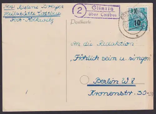 Glinzig über Cottbus Brandenburg DDR Postkarte Landpoststempel n. Berlin