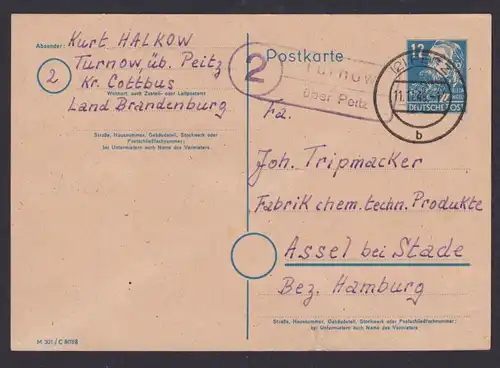 Turnow über Peitz Brandenburg DDR Postkarte Landpoststempel n. Assel b. Stade