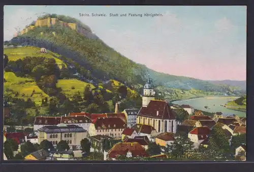 Ansichtskarte Künstlerkarte Königstein Festung Ortsansicht Landschaft Berge Elbe