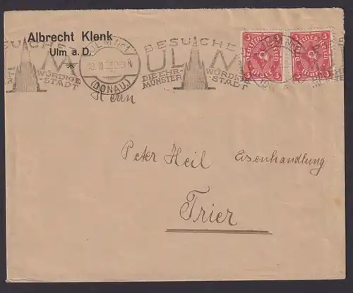 Deutsches Reich Infla Brief MEF 3 Mark Posthorn toller Sonder-Masch.St. Ulm