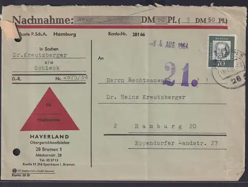 Bund Nachnahme EF Bedeutende Deutsche 358 Bremen nach Hamburg