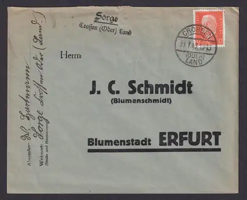 Sorge über Crossen Oder Land Crossen Brandenburg Deutsches Reich Brief