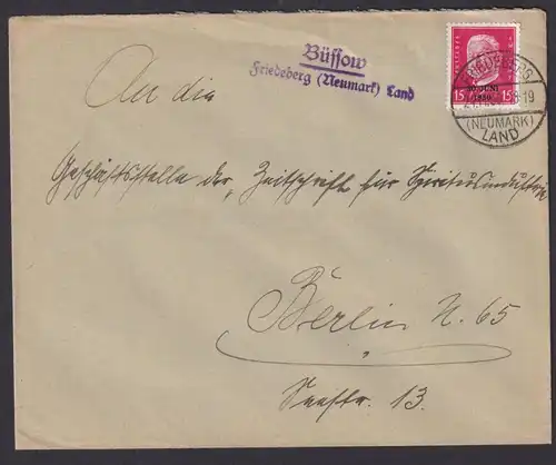 Büssoe über Friedeberg Neumark Brandenburg Deutsches Reich Brief Landpoststempel