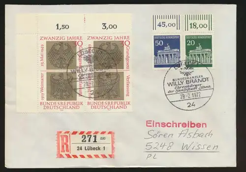 Bund R Brief Bogenecke Eckrand + Brandenburger Tor Oberrand SST Lübeck W. Brandt