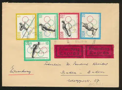 DDR Eilboten Brief 1000-3 Olympia Winterspiele Sport SST Berlin nach Baden Baden