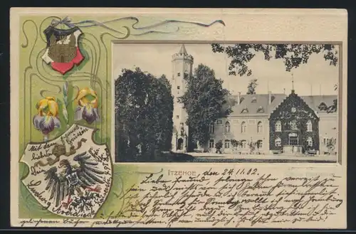 Ansichtskarte Itzehoe Wappen Adler Brustschild Jugendstil Prägekarte n. Hamburg