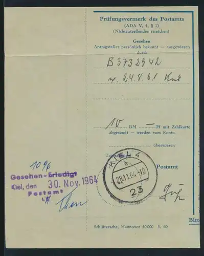 Bund Kiel Einzahlungsbeleg zwecks Einrichtung eines Postscheckkontos 28.11.1964