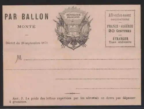 Flugpost air mail Ballonpost Ballon Monte Frankreich France 20 c. Faltbrief von