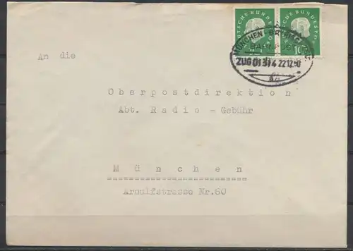 Bund Brief MEF 303 Heuss waager. Paar Bahnpost München Bayrischzell Zug 01314