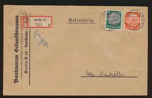 Postsache D. Reich R Brief MIF Hindenburg Postauftrag Berlin nach Neukölln Wachs