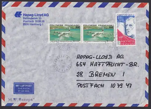 Französisch Polynesien Schiffspost Brief MS Europa Pareete R.P. Tahiti n Bremen