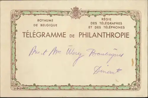 Belgien Brief Telegram mit schönem Zierrand Telegramme de Philanthropie