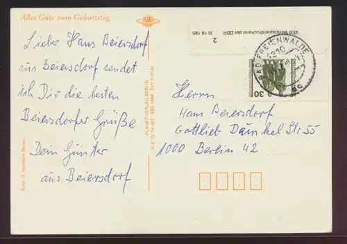 DDR Druckvermerk Bogenecke Eckrand von Bad Freienwalde nach Berlin auf Postkarte