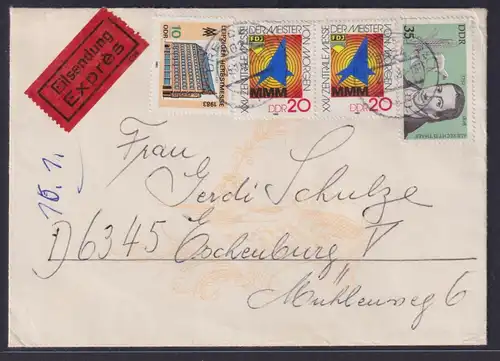 DDR Eilboten Brief Dresden nach Eschenburg Hessen Thüringen Glas 5.1.1984