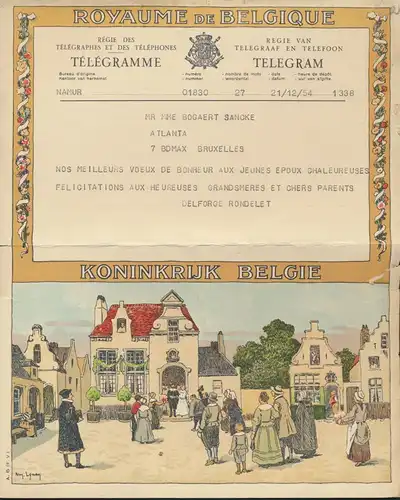 Belgien Schmuck Telegramm Künstler Arm Lyney Rathaus Hochzeit 1954 Weihnachten