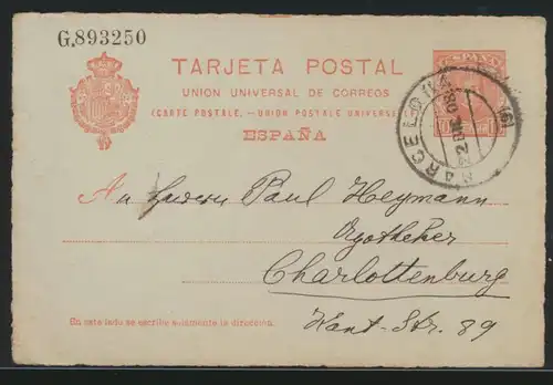 Spanien Ganzsache ab Barcelona n. Berlin Charlottenburg Espana postal stationery