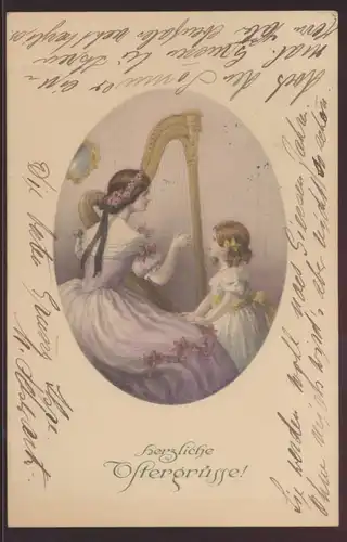 Künstler Ansichtskarte M Munk Wien Ostern Jugendstil Art Nouveau Musik Harfe