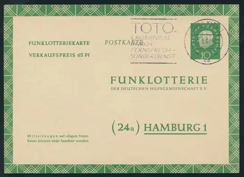 Bund Ganzsache FP 7 a Funklotterie TOTO Fernsehlotterie Kiel 1960 n. Hamburg