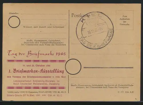 Kiel Sonderstempel Tag der Briefmarke 1. Landesverbands Briefmarken Ausstellung