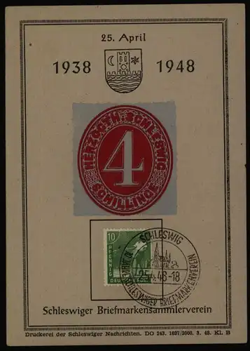 All. Besetzung Gemeinschaft Gedenkblatt Schleswig 10 J.Briefmarkensammlerverein