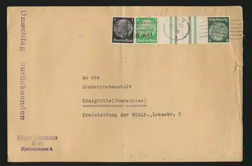 D. Reich Brief Zusammendruck Hindenburg KZ 32 Kiel Königshütte Schlesien Chorzów