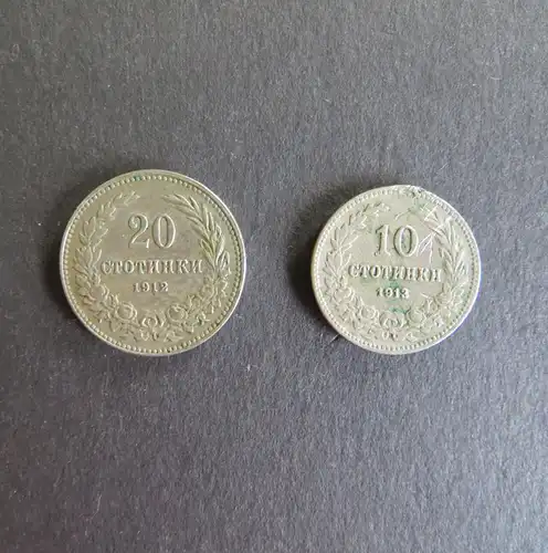 Münzen Bulgarien 10+20 Stotinki Zarstvo Balgarija 1912+1913 Schön 25+26 ss-vz