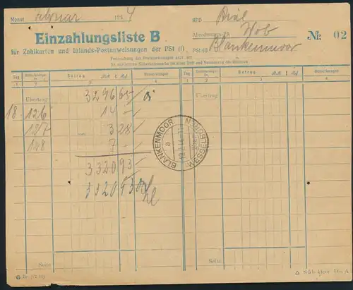 Bund Postsache Einzahlungsliste B f. Postanweisungen Landpoststempel Blankenmoor