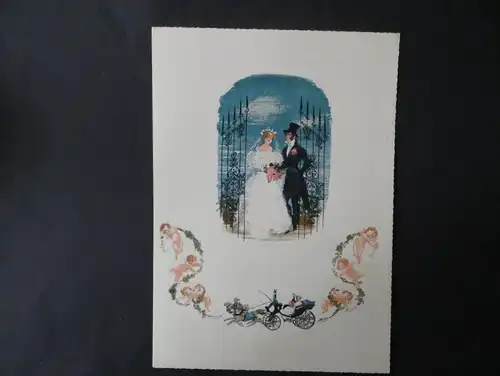 Bund Telegramm Hochzeit Braut Bräutigam Pferdewagen Blumen Engel mehrfarbig 50er
