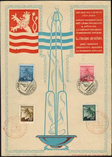 Tschechoslowakei 1945 seltenes Gedenkblatt Karlsbad 28.10.1945