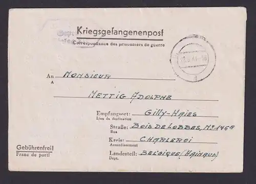 Kriegsgefangenenpost ab Deutschland Chambre 150 Block IV n. Charleroi Belgien