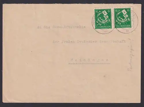 Briefmarken SBZ Thüringen Brief MEF 6 Pfg. Paar Ortsbrief Meiningen 15.11.1945
