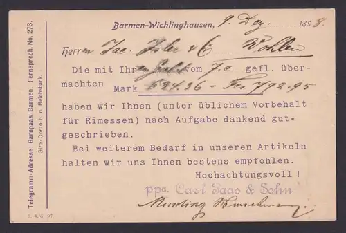 Deutsches Reich Brief violetter Vordruck Reichspost Postkarte Barmen