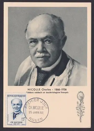 Briefmarken Frankreich 1180 Cahrles Nicolle Arzt Medizin Maximumkarte