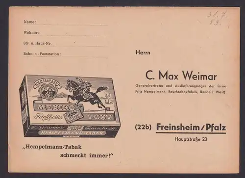 Freinsheim Pfalz Reklame Max Weimar Tabak Mexiko Post Rauchen Bundesrepublik