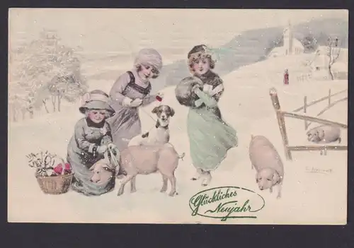 Ansichtskarte Neujahr Schwein Glücksschwein Tiere Künstlerkarte Sign. Herenat ab