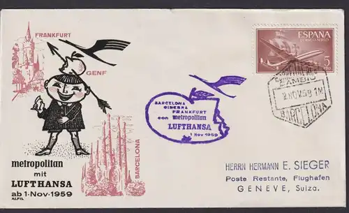 Flugpost Brief Air Mail Lufthansa Frankfurt Genf Schweiz Barcelona Spanien