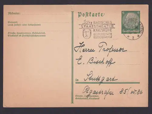 Briefmarken Deutsches Reich Ganzsache selt. Masch.St Theater Karlsuhe Baden