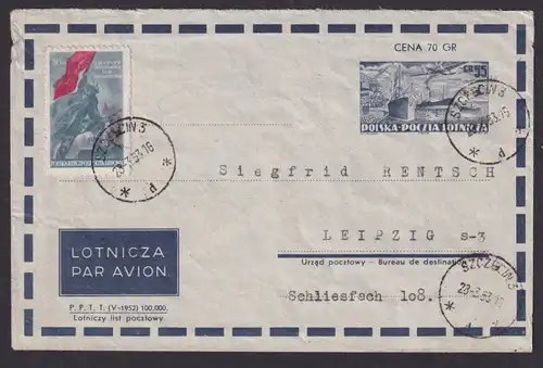Flugpost Brief Air Mail Polen Ganzsache 55 Gr. + ZuF nach Leipzig 23.3.1953