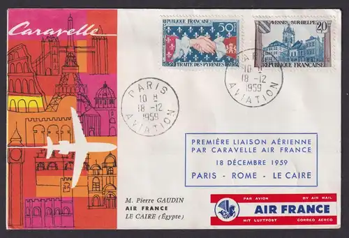 Flugpost Air Mail Brief Air France Caravelle Frankreich Paris Rom Kairo Ägypten