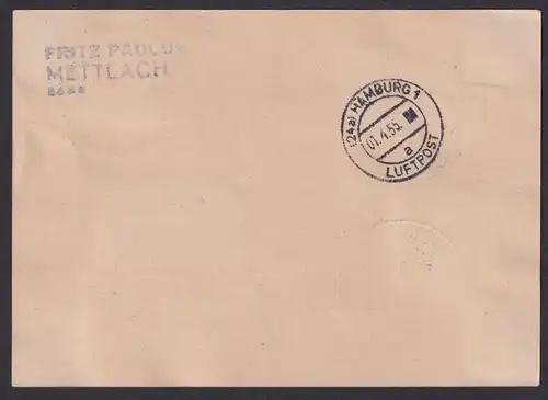 Flugpost Brief Air Mail Lufthansa Frankfurt Hamburg Zuleitung Saar Mettlach
