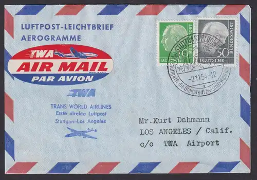 Flugpost Brief Air Mail Bund Aerogramm MIF Heuss TWA Stuttgart Los Angeles