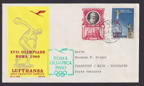 Flugpost Brief Air Mail Lufthansa XVII Olympia Rom Hamburg Vatican 25.8.1960