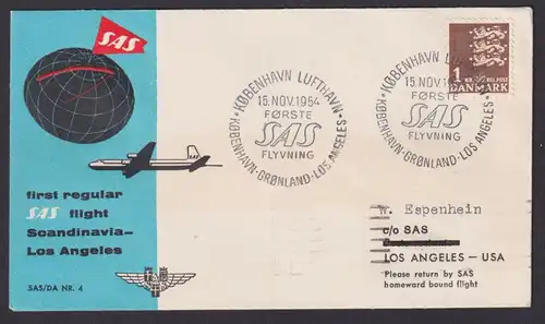 Flugpost Brief Air Mail SAS Erstflug Scandinavia Los Angles USA Kopenhagen