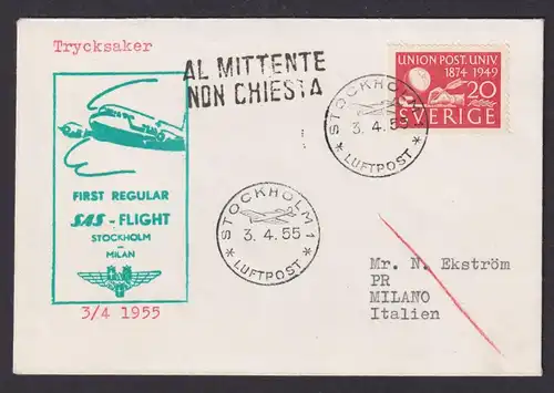 Flugpost Brief Air Mail SAS Erstflug Stockholm Schweden Mailand Italien
