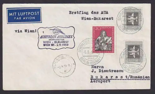 Flugpost Brief Air Mail Erstflug AUA Österreich DDR Zuleitung Wien Bukarest